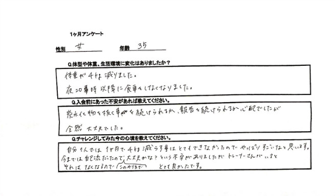 ボディメイクを開始されたことで夜20時以降の食事がなくなったということは、体型を整えるだけでなく長期的に考えた健康面でも改善が見れますね。