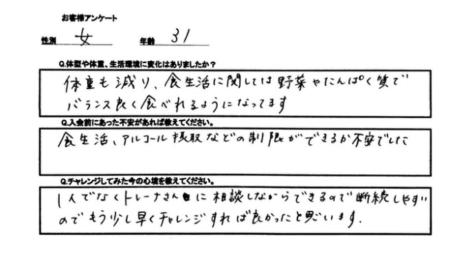 多くの方のタンパク質摂取量は非常に少ない傾向があります。タンパク質は筋肉だけでは無くカラダの大部分の材料になるので不足すると様々な弊害も出てきます。タンパク質と野菜を摂取できるようになって大変うれしく思います。