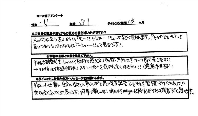 周りのお友達から変化を気づかれるというのは本当に嬉しいですね♪自分では毎日見ていてもたまに会う方からは驚かれる場合が大変多いのもボディメイクの楽しみですね。