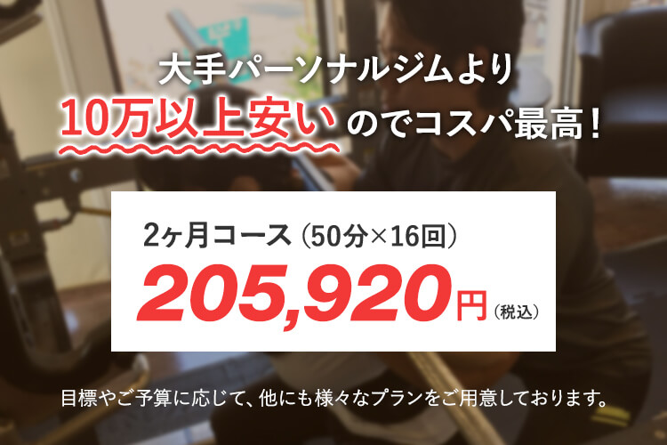 大手パーソナルジムより10万以上安いのでコスパ最高！目標やご予算に応じて、他にも様々なプランをご用意しております。